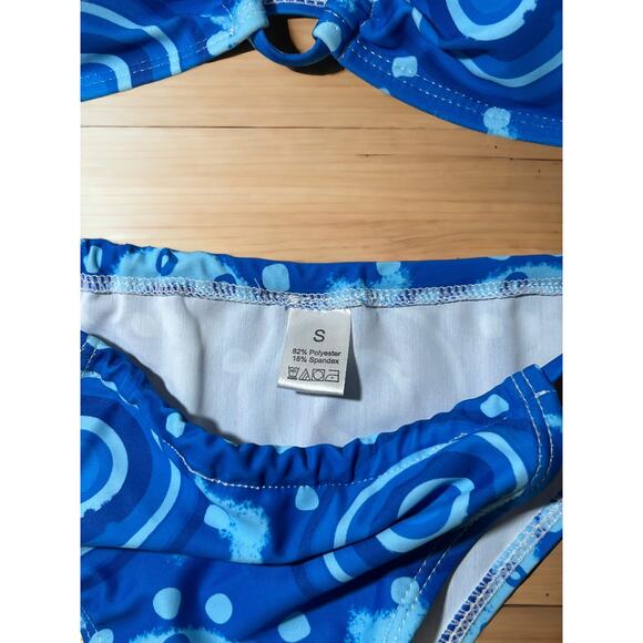 Flower Power Side Tie Bandeau Halter Cheeky Bikini in Blue SMALL - Picture 6 of 7